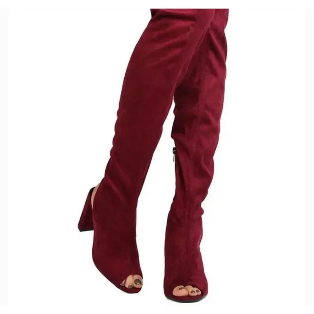 Brand New Womens Bamboo Wine Crushed Velvet Thigh High Peep Toe Boots - Sz 8.5